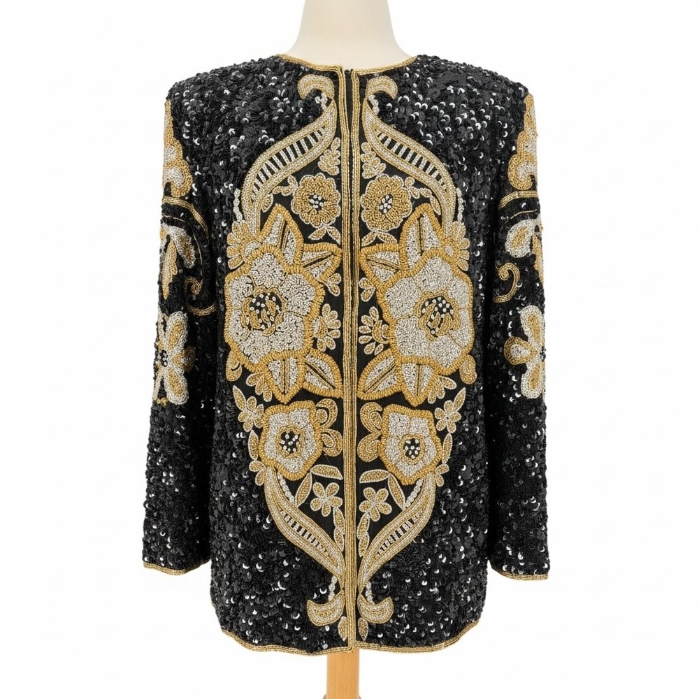 VTG  Night Vogue Silk Sequin Evening Jacket Black Gold Formal Floral Medium